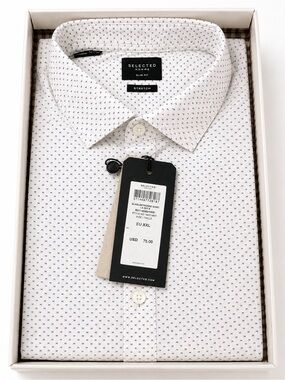 Selected Homme Slim Fit White Shirt with Navy Micro-Print